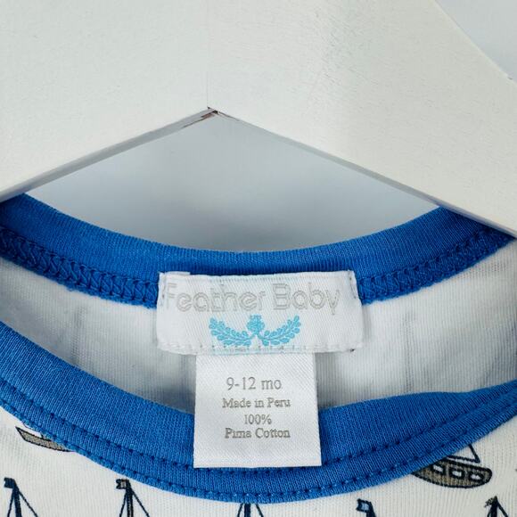 Feather Baby Sailboat Print Romper Blue White 9–12 Months 100% Pima Cotton - Picture 3 of 6